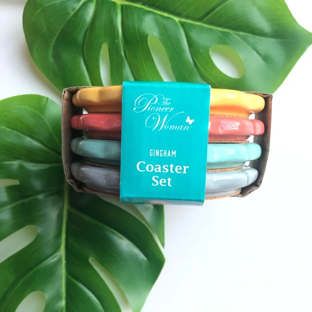 4 Pioneer Woman Novelty Gingham Coasters 3.97 Inches Diameter - Picture 2 of 4